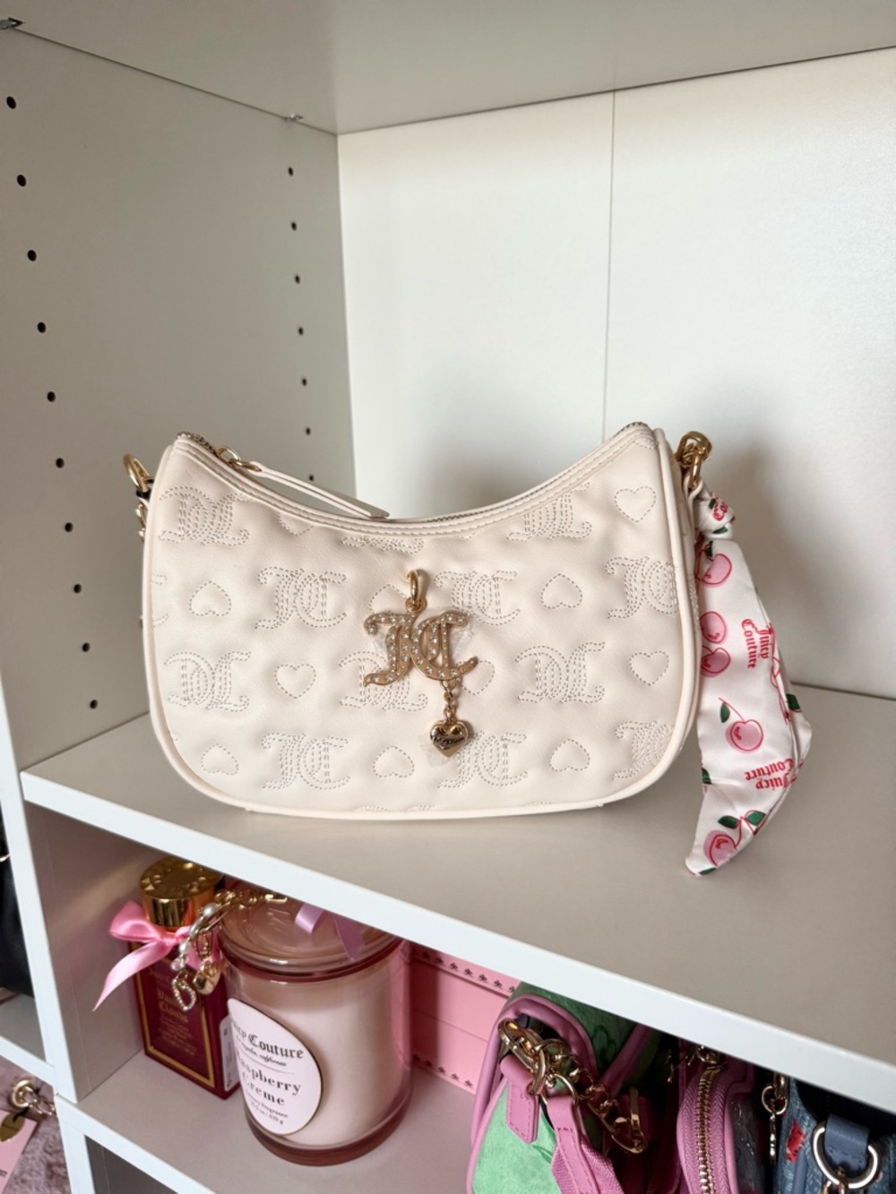 Juicy Couture “Everything Nice” Cream Quilted Heart Shoulder Bag with Gold Logo